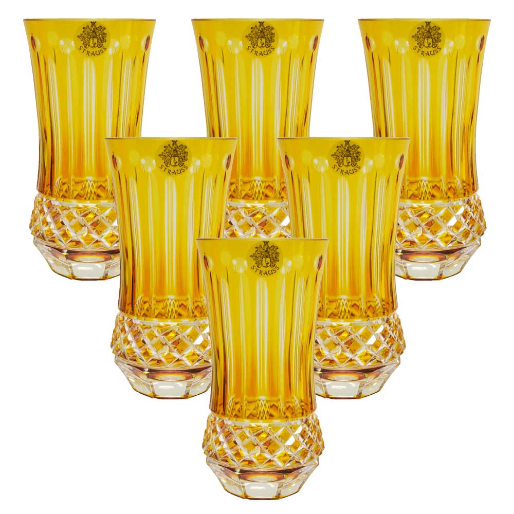 JOGO DE COPOS LONG DRINK STRAUSS CRISTAL LAPIDADO AMARELO 400ML 6 PEÇAS -  Bomebarato