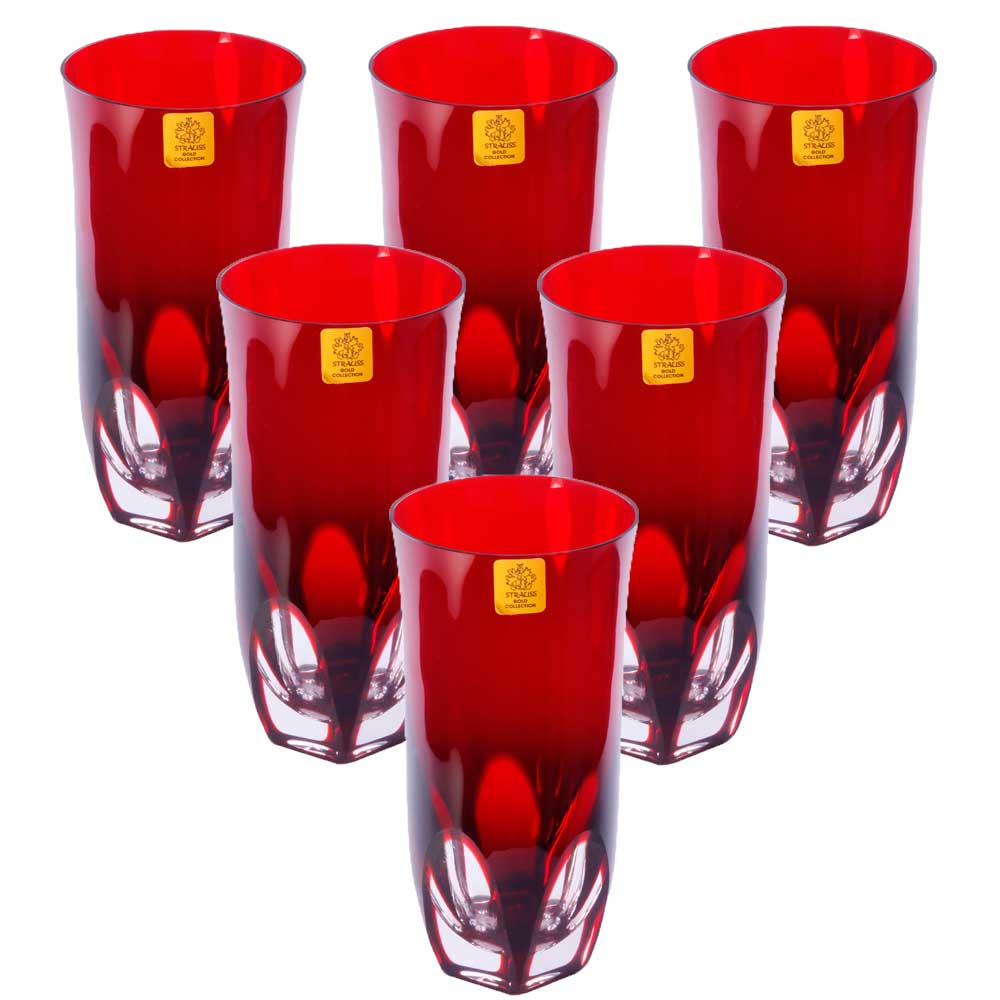 JOGO DE COPOS LONG DRINK STRAUSS CRISTAL LAPIDADO VERMELHO 400ML 6 PEÇAS -  Bomebarato